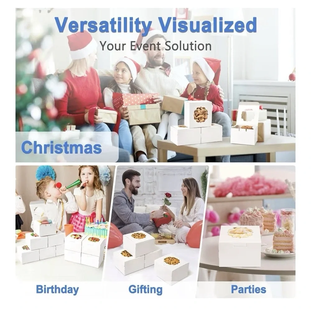 White Bakery Boxes with Window 12 Pc 6x6x3 Inches Cookie Boxes Mini Cake Boxe...